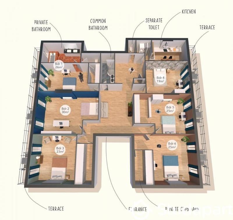 Chambre - 25 m² - 1 pièce