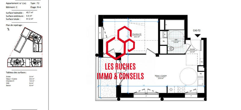 Appartement - 46 m² - 2 pièces