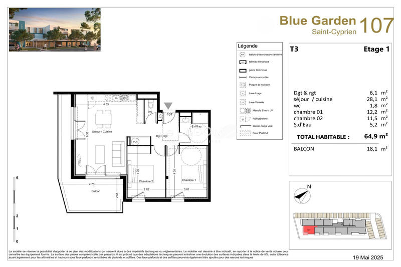 Appartement - 65 m² - 3 pièces