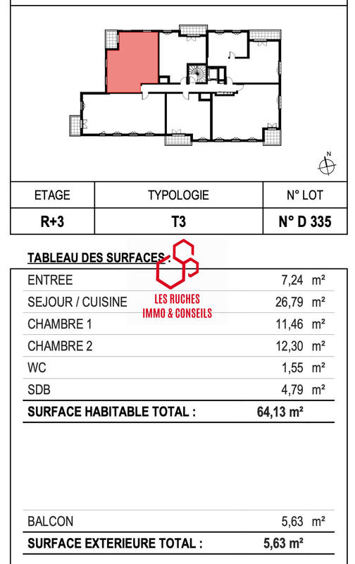 Appartement - 64 m² - 3 pièces