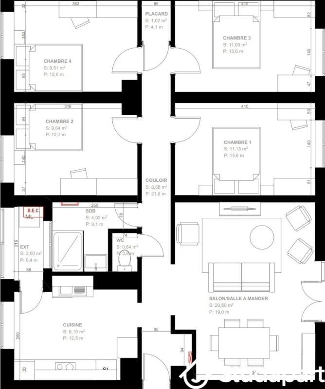 Chambre - 11 m² - 1 pièce