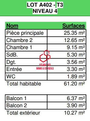 Appartement - 61 m² - 3 pièces
