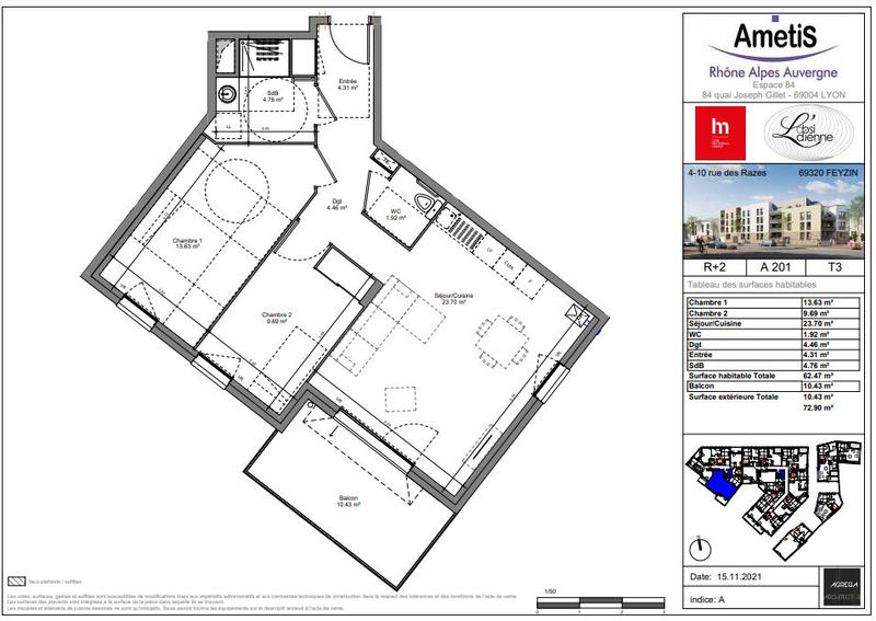 Appartement - 62 m² - 3 pièces