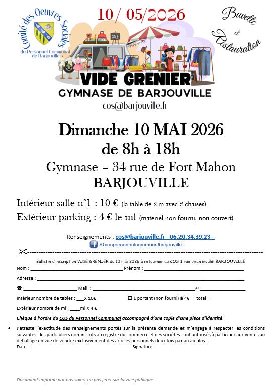 Vide grenier cos barjouville interieur et exterieur 10 mai 2026