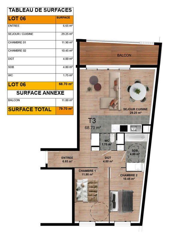 Appartement - 69 m² - 3 pièces