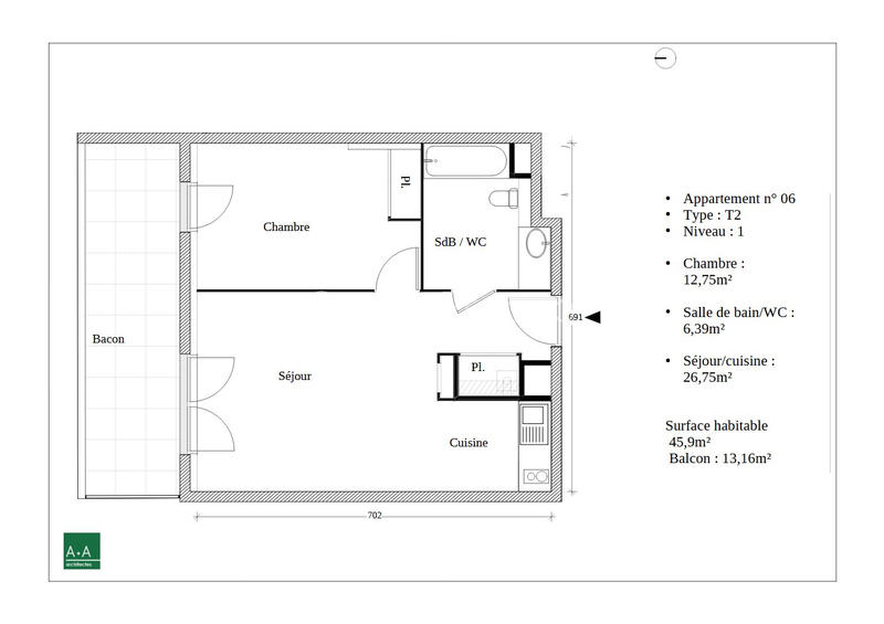 Appartement - 46 m² - 2 pièces