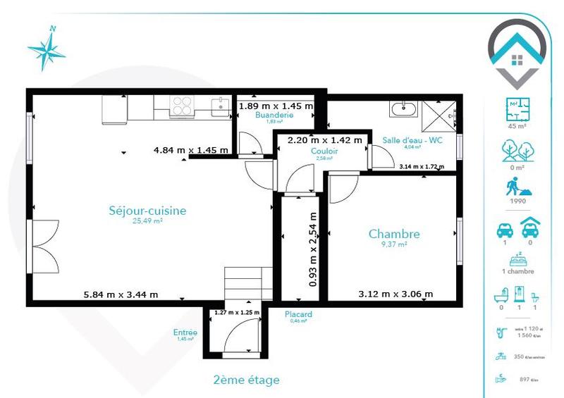 Appartement - 45 m² - 2 pièces