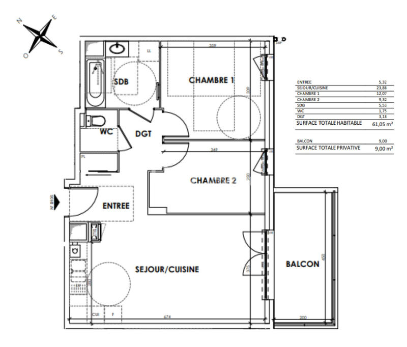 Appartement - 61 m² - 3 pièces
