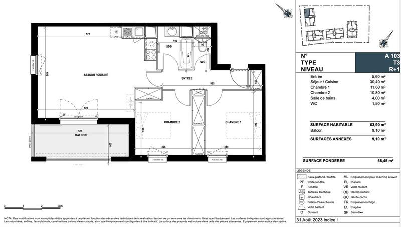 Appartement - 64 m² - 3 pièces