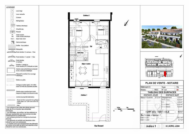Appartement - 60 m² - 3 pièces