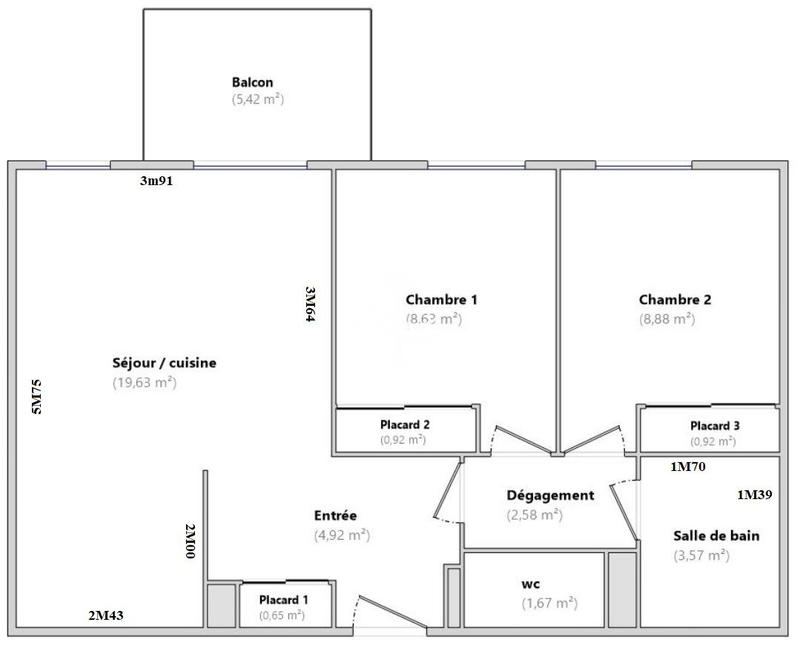 Appartement - 52 m² - 3 pièces