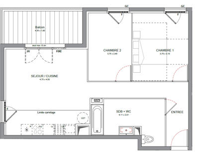 Appartement - 59 m² - 3 pièces