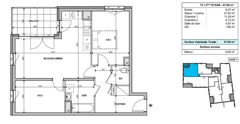Appartement - 60 m² - 3 pièces