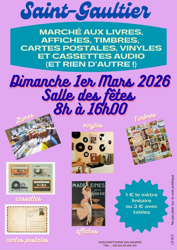 Marché aux livres, affiches, cartes postales, timbres, cassettes audio, vinyles