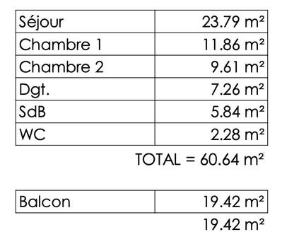 Appartement - 61 m² - 3 pièces
