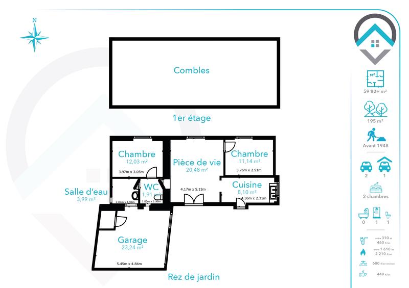 Maison - 60 m² - 3 pièces