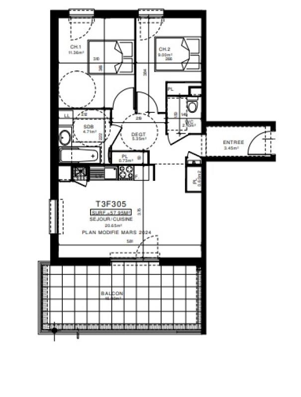 Appartement - 57 m² - 3 pièces