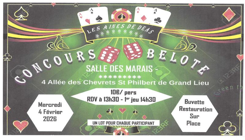 Les Ainés de Déas organisent un Concours de Belote le Mercredi 4 Février 2026, *salle des Marais* 4 Allée des Chevrets 4