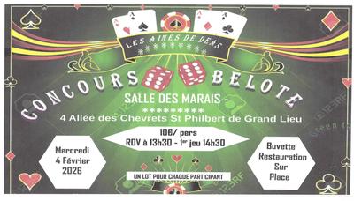 Les Ainés de Déas organisent un Concours de Belote le Mercredi 4 Février 2026, *salle des Marais* 4 Allée des Chevrets 4