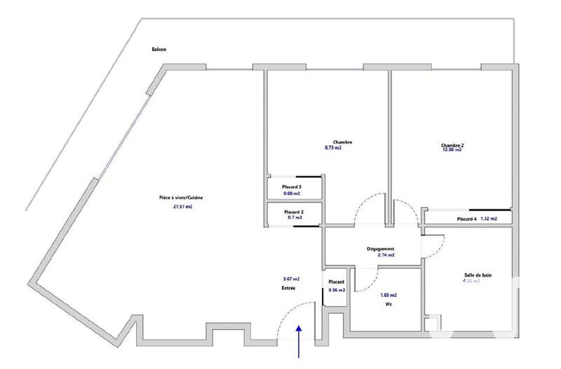 Appartement - 65 m² - 2 pièces