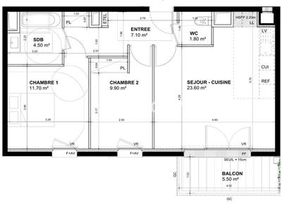 Appartement - 60 m² - 3 pièces