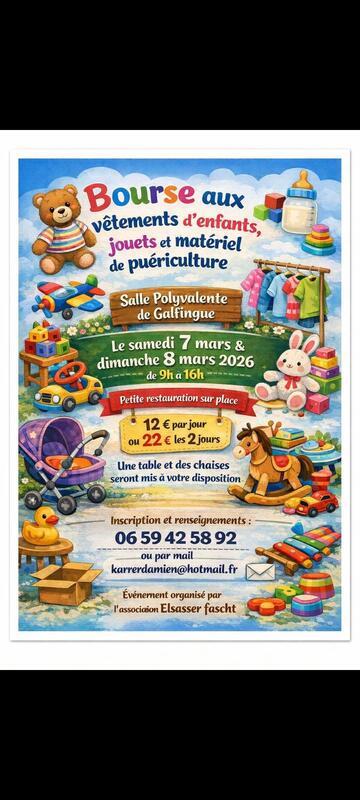 Bourse aux vêtements, enfants, puériculture et jouets.