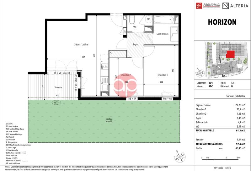 Appartement - 61 m² - 3 pièces