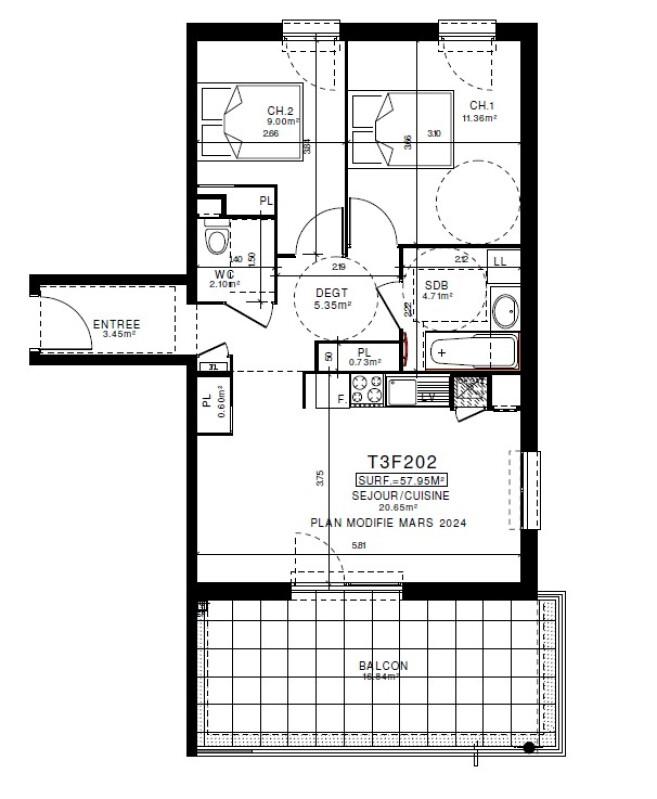 Appartement - 57 m² - 3 pièces