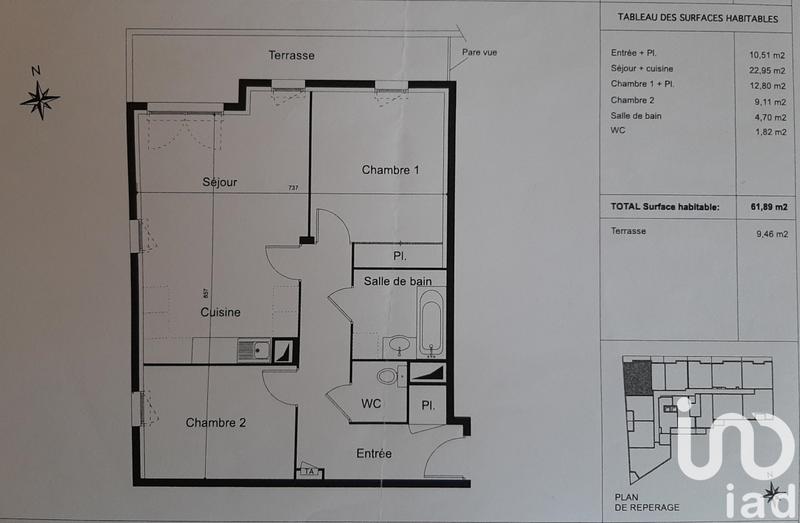 Appartement - 62 m² - 3 pièces