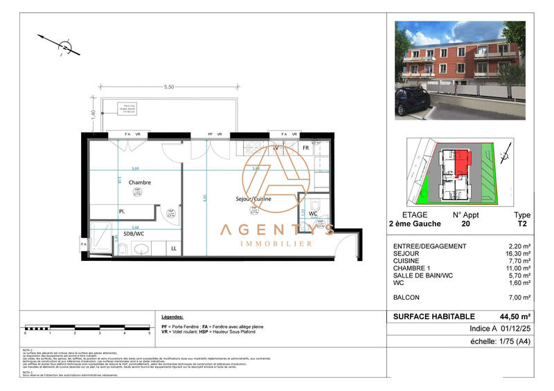 Appartement - 45 m² - 2 pièces