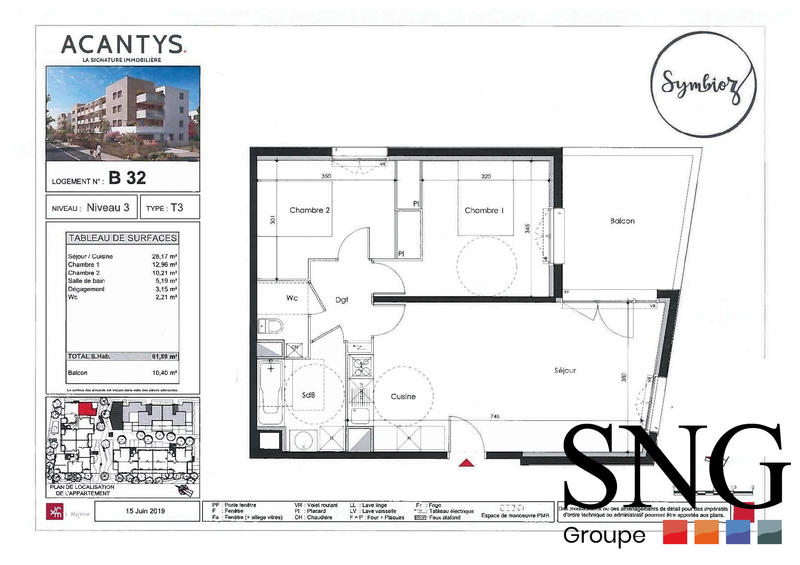Appartement - 62 m² - 3 pièces