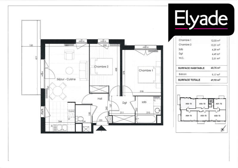 Appartement - 61 m² - 3 pièces