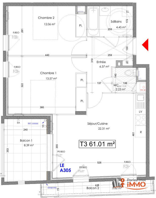 Appartement - 61 m² - 3 pièces