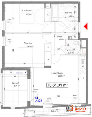 Appartement - 61 m² - 3 pièces