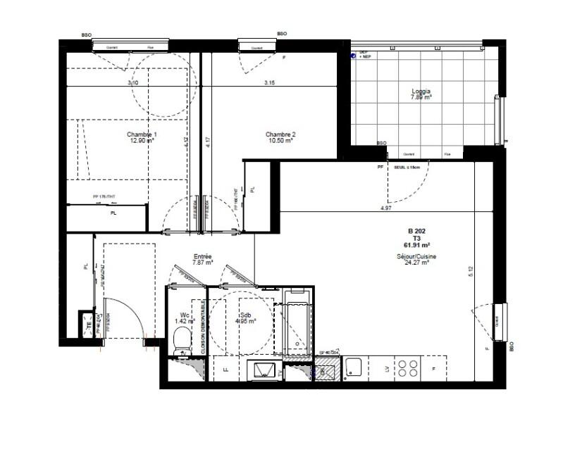 Appartement - 61 m² - 3 pièces