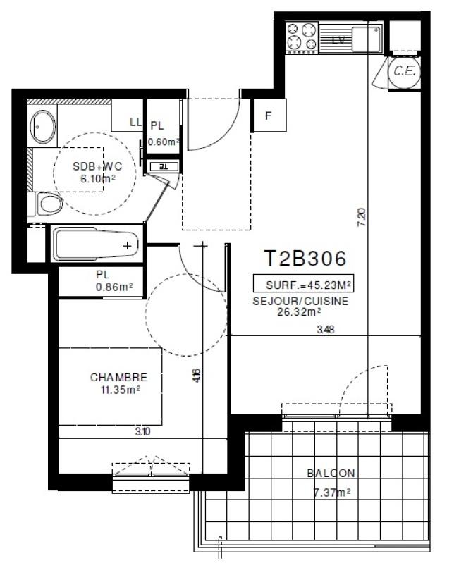 Appartement - 45 m² - 2 pièces