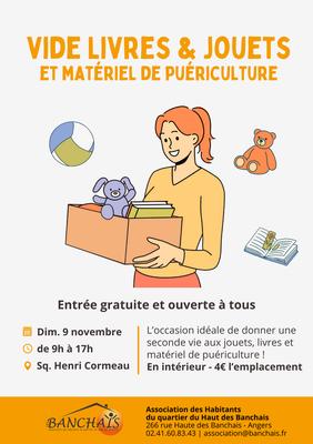 Vide-livres, jouets et puériculture