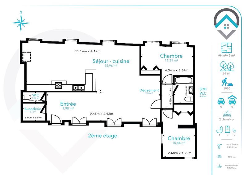 Appartement - 99 m² - 3 pièces
