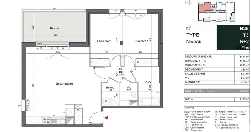 Appartement - 69 m² - 3 pièces