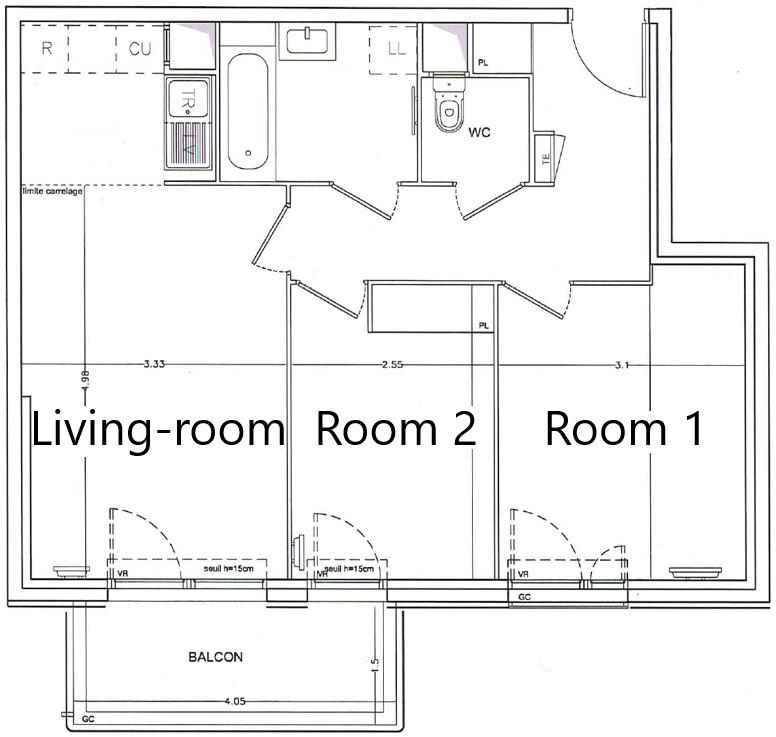 Chambre - 12 m² - 1 pièce
