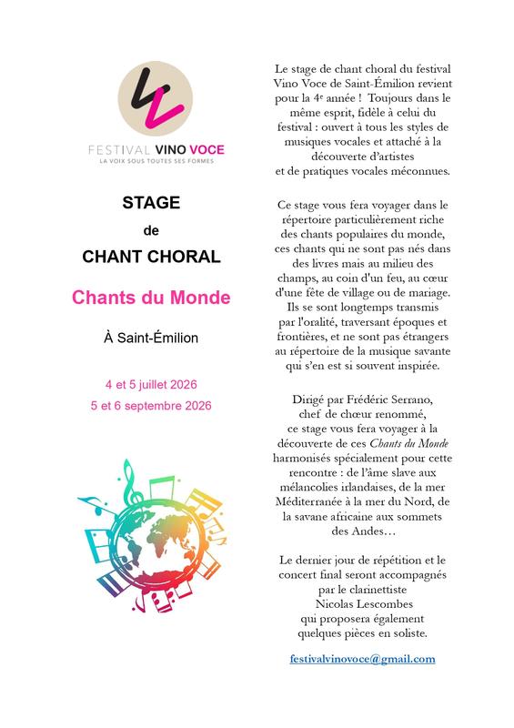 Stage de chant choral par le Festival Vino Voce - Chants du Monde