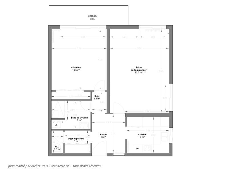 Appartement - 61 m² - 2 pièces