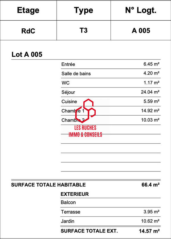 Appartement - 66 m² - 3 pièces