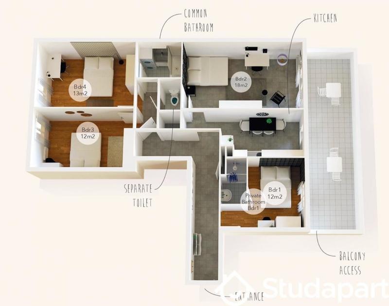 Chambre - 12 m² - 1 pièce