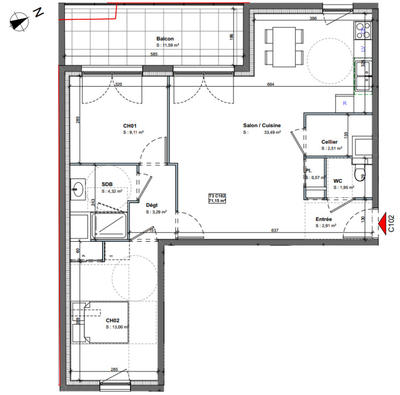 Appartement - 71 m² - 3 pièces