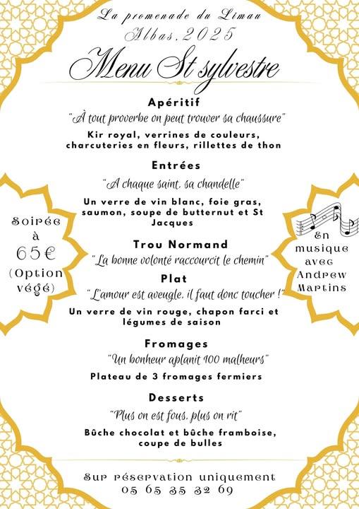 Menu de la Saint-Sylvestre au restaurant la Promenade du Limau