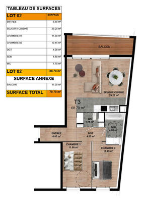 Appartement - 69 m² - 3 pièces