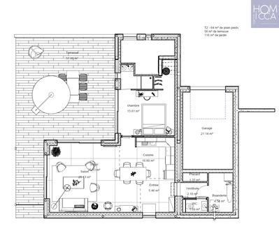 Appartement - 64 m² - 2 pièces