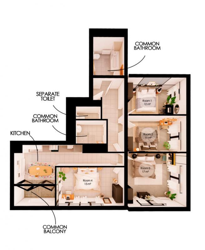 Chambre - 12 m² - 1 pièce