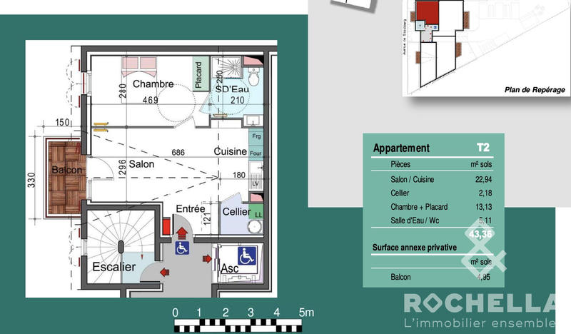Appartement - 43 m² - 2 pièces